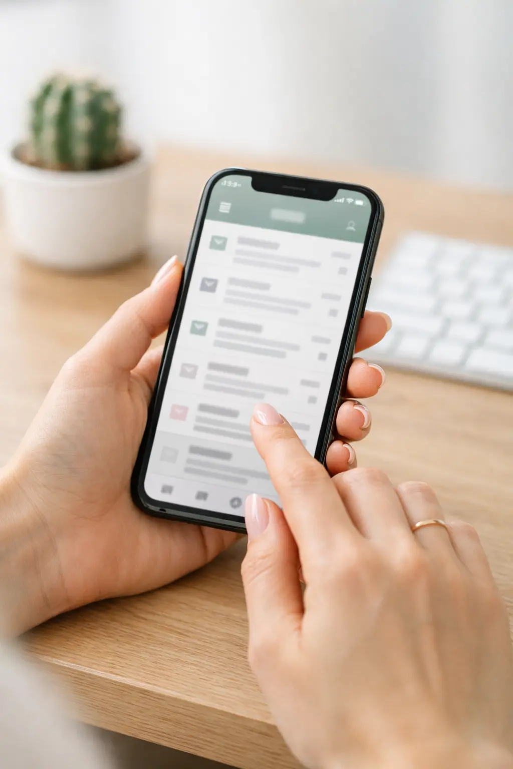 Manos sosteniendo un smartphone leyendo correos electrónicos en un escritorio ordenado. Servicio de contacto de Asistencia Virtual.